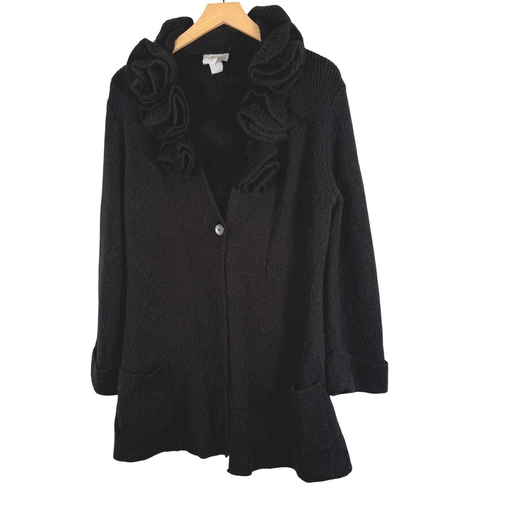 Soft‎ Surroundings Cardigan Sweater Ruffle Rosette Large Alpaca Wool Blend Black